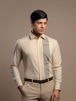 HE SPOKE - Cream Solid Smart Casual Shirt