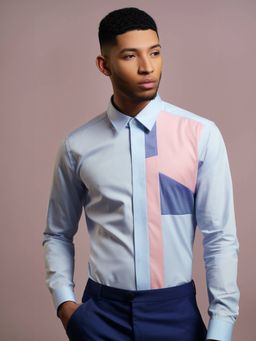 HE SPOKE - Blue Colorblocked Smart Casual Shirt