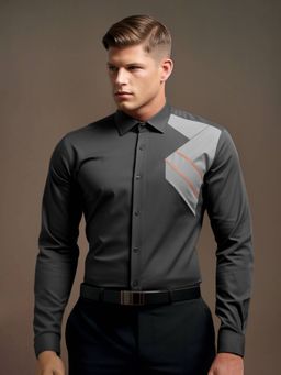 HE SPOKE - Dark Grey Colorblocked Smart Casual Shirt