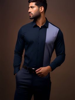 HE SPOKE - Navy Blue Colorblocked Semi Formal Shirt