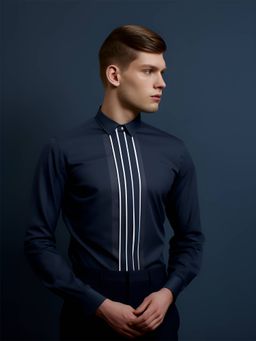HE SPOKE - Navy Blue Solid Semi Formal Shirt