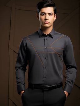 HE SPOKE - Dark Grey Embroidered Semi Formal Shirt