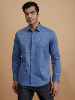 HE SPOKE - Blue Embroidered Smart Casual Shirt