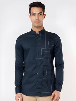 HE SPOKE - Navy Blue Embroidered Festive Shirt