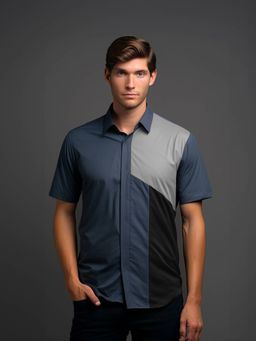 HE SPOKE - Dark Grey Colorblocked Smart Casual Shirt