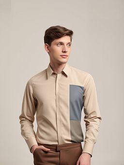 HE SPOKE - Cream Colorblocked Smart Casual Shirt