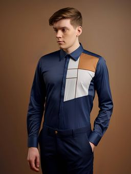 HE SPOKE - Navy Blue Colorblocked Smart Casual Shirt