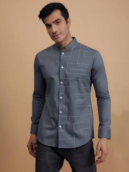 HE SPOKE - Grey Embroidered Smart Casual Shirt