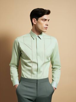 HE SPOKE - Green Solid Smart Casual Shirt