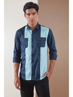HE SPOKE - Navy Blue Colorblocked Smart Casual Shirt