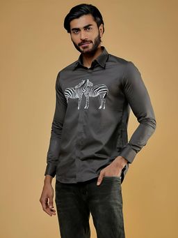 HE SPOKE - Dark Grey Graphic Smart Casual Shirt
