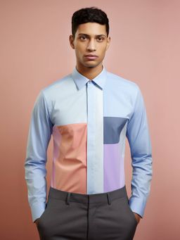 HE SPOKE - Blue Colorblocked Smart Casual Shirt