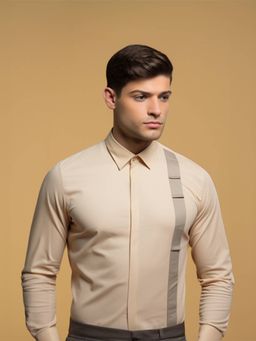 HE SPOKE - Cream Panel Solid Formal Shirt