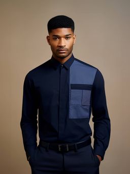 HE SPOKE - Navy Colorblocked Smart Casual Shirt