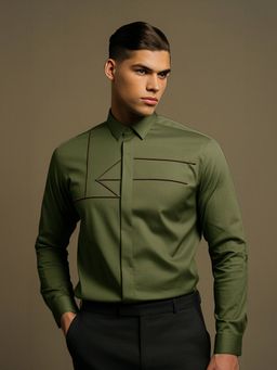 HE SPOKE - Olive Solid Smart Casual Shirt