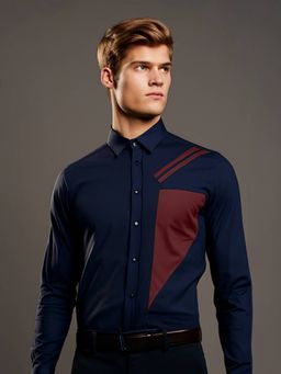 HE SPOKE - Navy Colorblocked Smart Casual Shirt