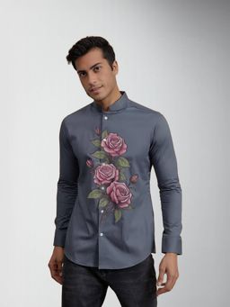 HE SPOKE - Grey Floral Printed Smart Casual Shirt