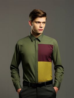 HE SPOKE - Olive Colorblocked Smart Casual Shirt