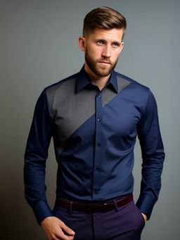 HE SPOKE - Navy Blue Colorblock Panel Party Shirt