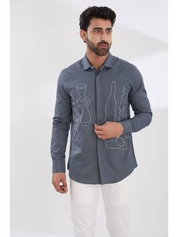HE SPOKE - Grey Embroidered Smart Casual Shirt