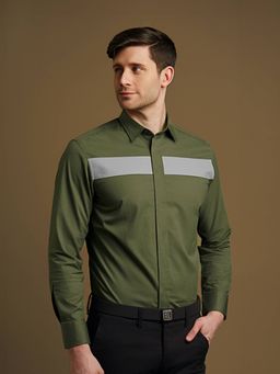 HE SPOKE - Olive Colorblocked Smart Casual Shirt