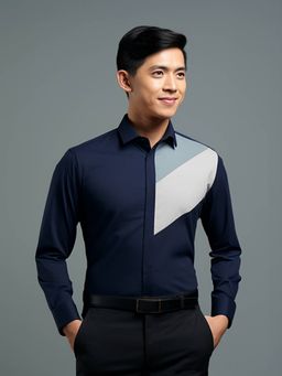 HE SPOKE - Navy Blue Colorblocked Smart Casual Shirt