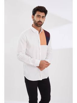 HE SPOKE - White Colorblocked Semi Formal Shirt