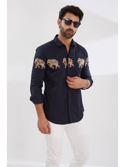 HE SPOKE - Navy Blue Graphic Smart Casual Shirt