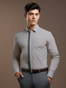 HE SPOKE - Grey Solid Patchwork Formal Shirt