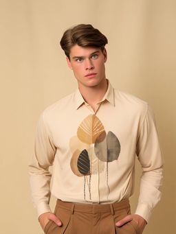HE SPOKE - Cream Printed Smart Casual Shirt