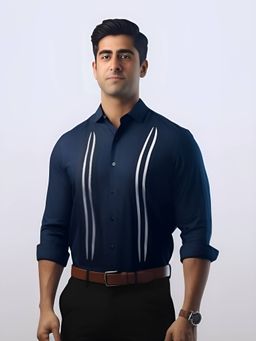 HE SPOKE - Navy Printed Patchwork Formal Shirt