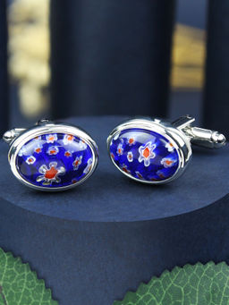 PELUCHE - Quirky Floral Pattern - Oval (Blue) Cufflinks for Men