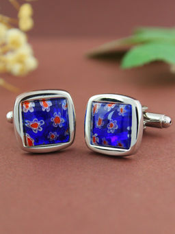 PELUCHE - Quirky Floral Pattern Blue Cufflinks for Men