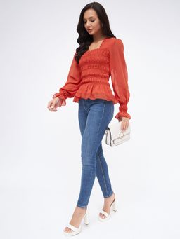 Kibo - Georgette Burnt Orange Square Neck Smoked Top