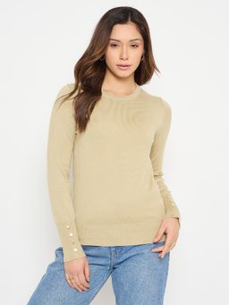 Madame - Brown Solid Sweater with Cuff Sleeves