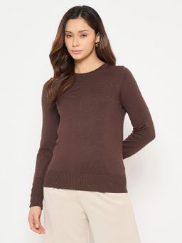 Madame - Coffee Brown Crew Neck Sweater with Cuff Sleeves