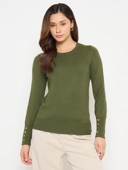 Madame - Olive Green Crew Neck Sweater with Cuff Sleeves
