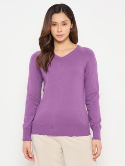 Madame - Purple V Neck Solid Sweater