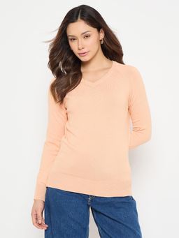 Madame - Peach Solid V Neck Sweater