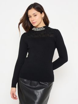 Madame - High Neck Black Embellished Sweater