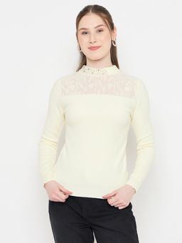 Madame - High Neck Embellished Off White Sweater