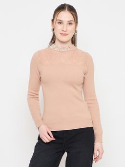 Madame - High Neck Embellished Peach Sweater