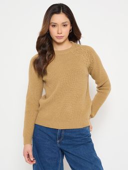 Madame - Embroidered Khaki Solid Sweater