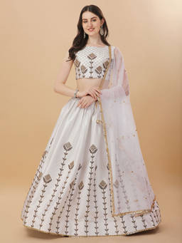 Amrutam Fab - Womens White Color Japan Satin Sequence Embroidered Work Lehenga Choli (Pack of 3)