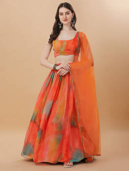 Amrutam Fab - Womens Orange Color Georgette Digital Print Lehenga Choli (Pack of 3)