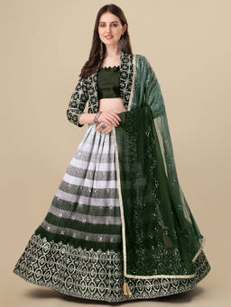 Amrutam Fab - Womens Green Satin Digital Print With Embroidered Jacket and Lehenga Choli (Pack of 4)
