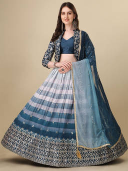 Amrutam Fab - Womens Morpich Satin Print Crush with Embroidered Jacket and Lehenga Choli (Pack of 4)