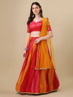 Amrutam Fab - Womens Multi Color Georgette Bandhani Printed Lehenga Choli (Pack of 3)