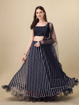 Amrutam Fab - Womens Navy Blue Color Georgette Stripes Printed Lehenga Choli (Pack of 3)