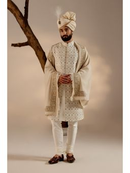 Jatin Malik - Turtle Dove Sherwani with Pashmina Shawl & Safa (Set of 5)